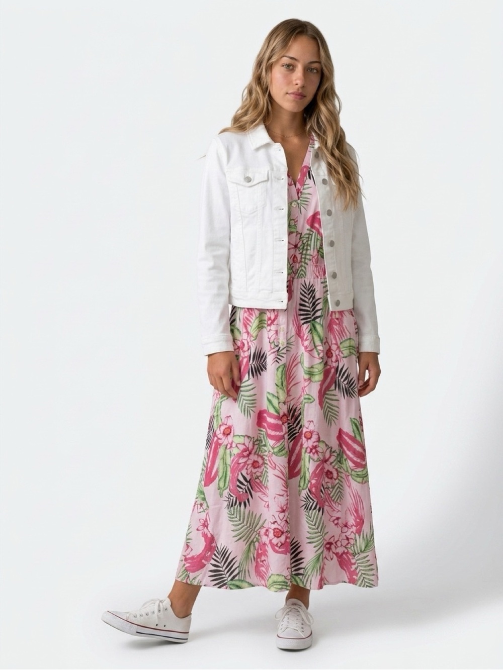 Rafaella Dress Womens M Pink Green Tropical Floral Button Front Midi - Picture 11 of 11